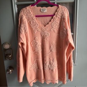 Vintage Lamb Wool Angora Pearl Embellished Marisa Christina Knit Sweater Pink XL